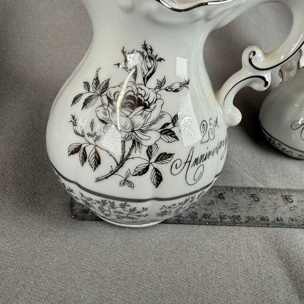 Napco 25th Anniversary Pitcher Set Unisex Small White Silver Vintage Rose AB-185
